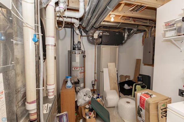 unfinished below grade area featuring electric panel and water heater