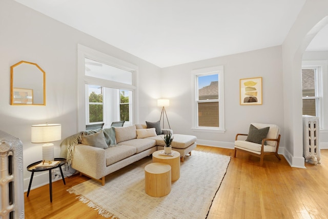 1925 Glenwood Ave, Minneapolis, MN 55405 - living area featuring healthy amount of natural light, arched walkways, light wood-style flooring, and baseboards