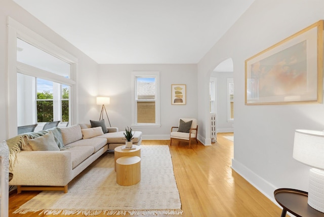 1925 Glenwood Ave, Minneapolis, MN 55405 - living room featuring arched walkways, light wood-style flooring, and baseboards