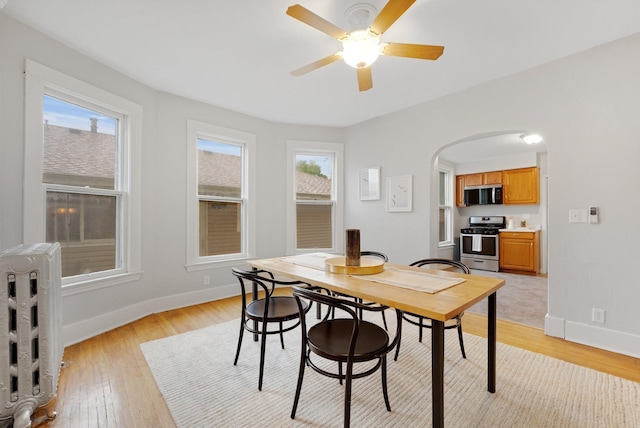 1925 Glenwood Ave, Minneapolis, MN 55405 - dining area featuring radiator heating unit, arched walkways, ceiling fan, and baseboards