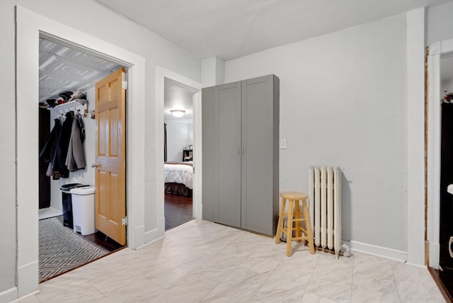 1925 Glenwood Ave, Minneapolis, MN 55405 - bedroom with radiator, light marble finish floors, a spacious closet, and a closet