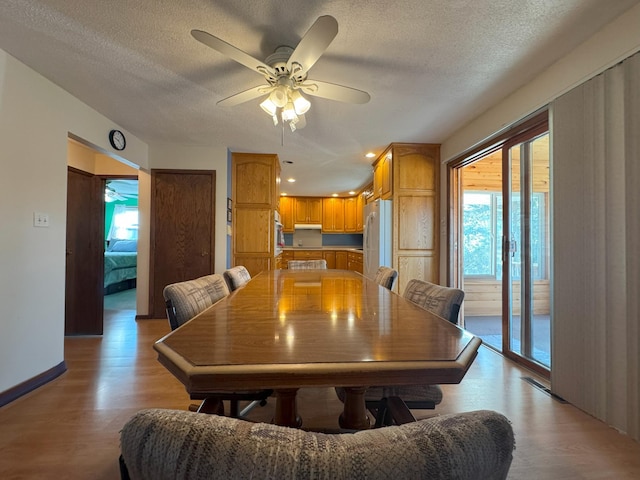 dining area featuring light wood-style floors, a textured ceiling, ceiling fan, and baseboards