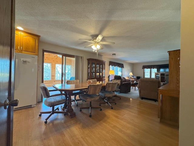 dining space featuring a textured ceiling, light wood-style floors, and ceiling fan