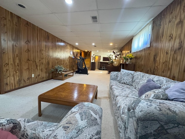 20381 County Road 39, Grove Lake Twp, MN 56334 - living area with wooden walls, carpet flooring, a drop ceiling, and recessed lighting