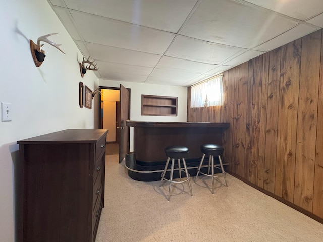 indoor dry bar featuring wooden walls, a paneled ceiling, and carpet floors