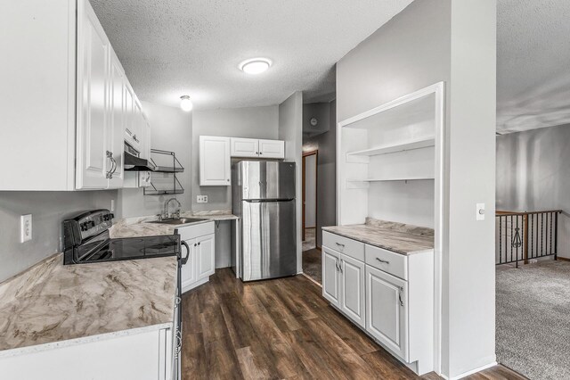 1260 Ferndale St N, Maplewood, MN 55119 - kitchen with freestanding refrigerator, open shelves, black range with electric cooktop, a sink, and white cabinets