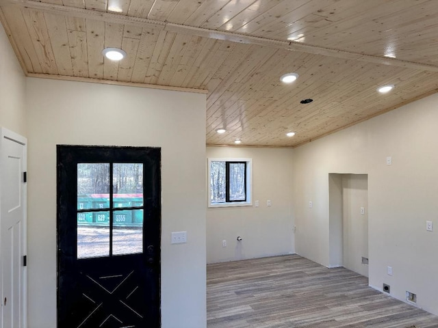 doorway to outside with wood ceiling, wood finished floors, and recessed lighting