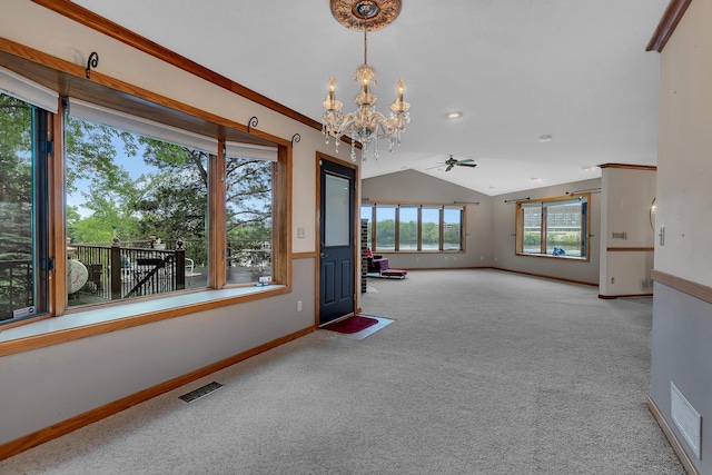 22 13th St S, Sauk Rapids, MN 56379 - empty room featuring a chandelier, carpet flooring, a ceiling fan, baseboards, and lofted ceiling