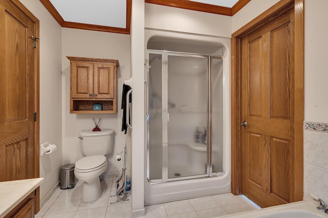 22 13th St S, Sauk Rapids, MN 56379 - full bath featuring a stall shower, tile patterned floors, toilet, crown molding, and vanity