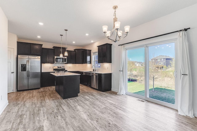 7145 208th Cv N, Forest Lake, MN 55025 - kitchen featuring appliances with stainless steel finishes, a chandelier, a center island, light wood-type flooring, and recessed lighting