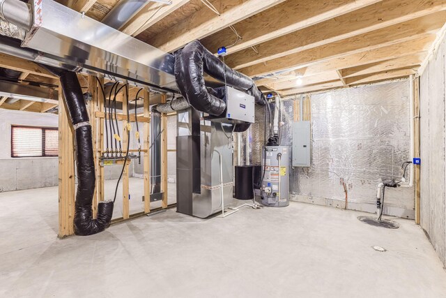 7145 208th Cv N, Forest Lake, MN 55025 - basement with gas water heater, electric panel, heating unit, and drainage system