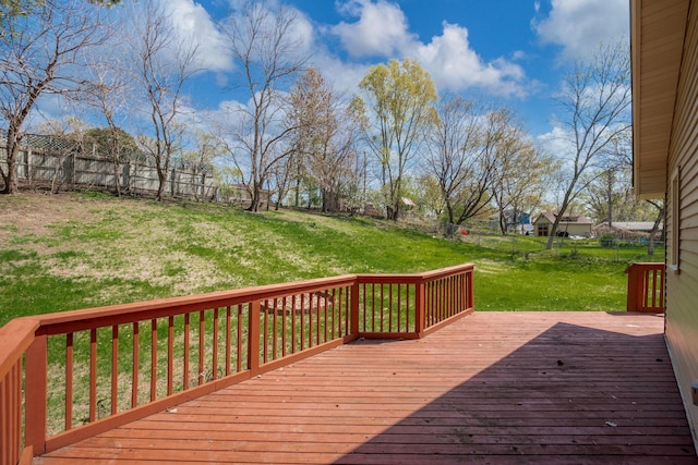 wooden terrace with a yard and a fenced backyard