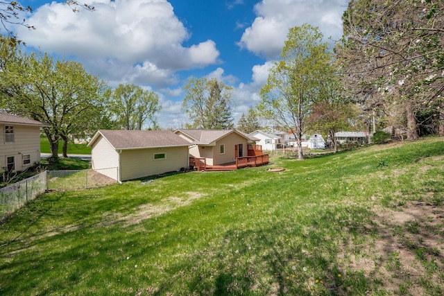 view of yard with a deck and fence