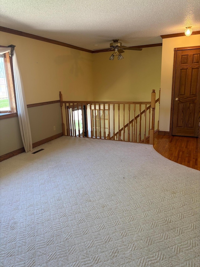 409 4th St NE, Hayfield, MN 55940 - carpeted spare room with ceiling fan, ornamental molding, a textured ceiling, and baseboards