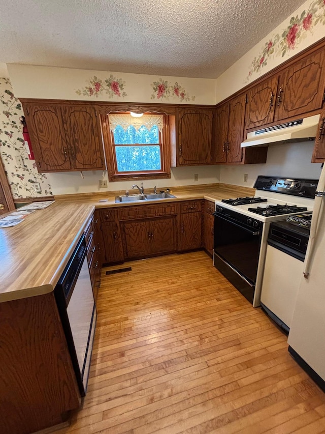 409 4th St NE, Hayfield, MN 55940 - kitchen featuring under cabinet range hood, range with gas cooktop, a sink, white dishwasher, and a textured ceiling