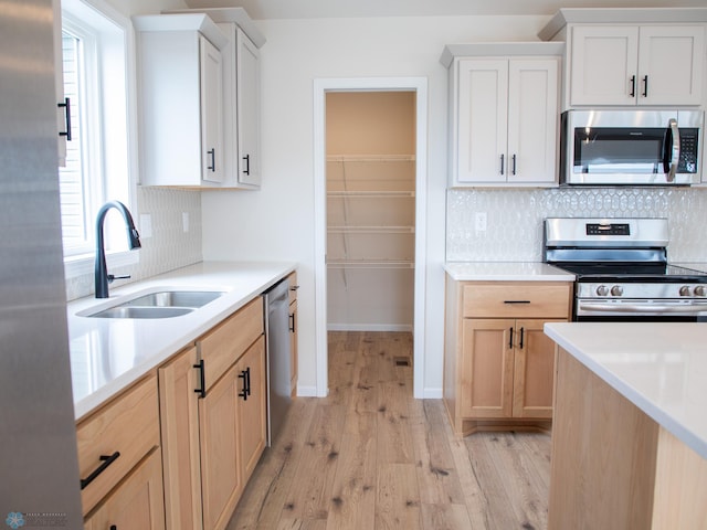 kitchen featuring backsplash, light wood-type flooring, stainless steel appliances, and a sink
