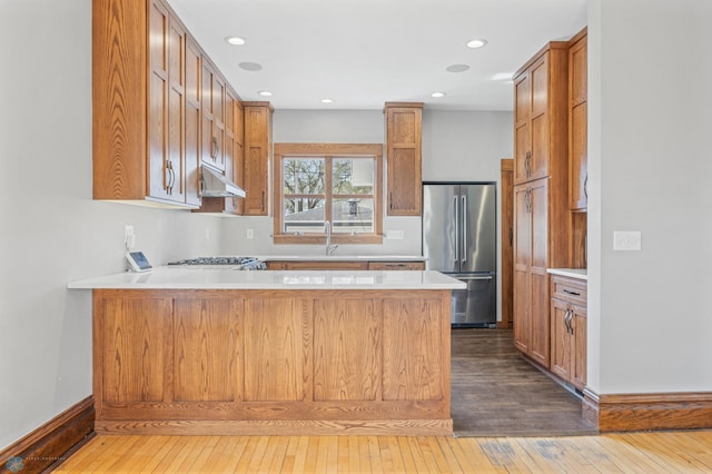 kitchen featuring stainless steel appliances, a peninsula, hardwood / wood-style floors, a sink, and recessed lighting