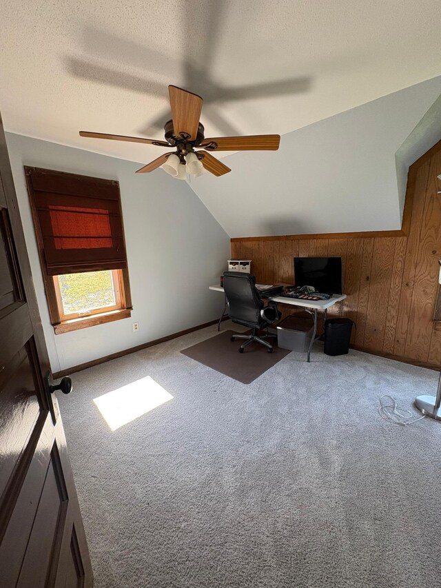 1105 13th St N, Benson, MN 56215 - office area with carpet, lofted ceiling, ceiling fan, wooden walls, and a textured ceiling