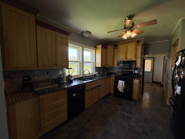 1105 13th St N, Benson, MN 56215 - kitchen featuring black appliances, ornamental molding, dark countertops, a sink, and a ceiling fan