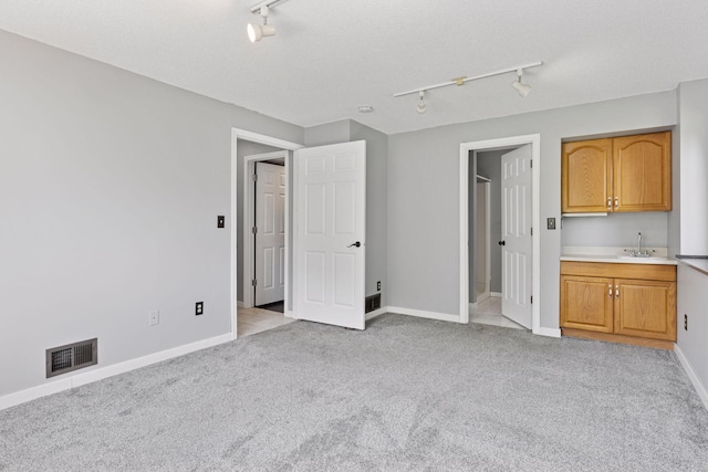 1604 Viking Dr, Buffalo, MN 55313 - unfurnished bedroom featuring rail lighting, light colored carpet, a sink, baseboards, and connected bathroom