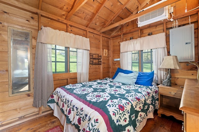 1949 Little Blake Lake Ln, Georgetown Twp, WI 54853 - bedroom with electric panel, wood walls, hardwood / wood-style floors, wooden ceiling, and a wall mounted AC