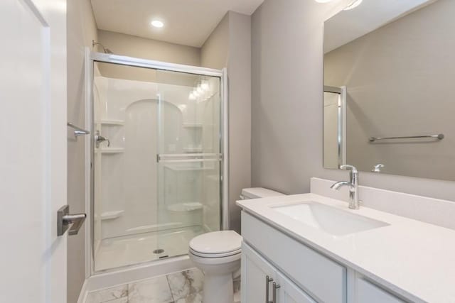 3112 Sugar Maple Dr, Chaska, MN 55318 - bathroom featuring toilet, marble look tiles, a shower stall, and vanity