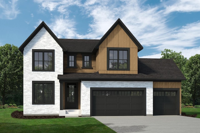 view of front of house featuring concrete driveway, a garage, a shingled roof, and a front yard