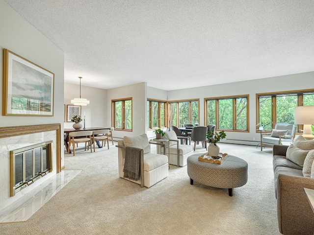 1830 Eagle Ridge Dr Unit 2005, Mendota Heights, MN 55118 - living room with light colored carpet, a textured ceiling, and a baseboard radiator