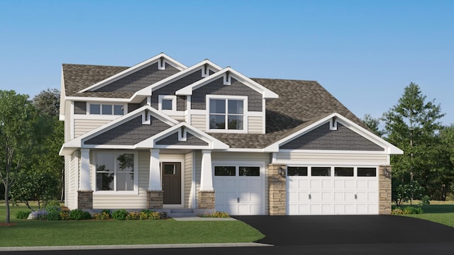craftsman inspired home featuring aphalt driveway, a shingled roof, stone siding, and a front yard