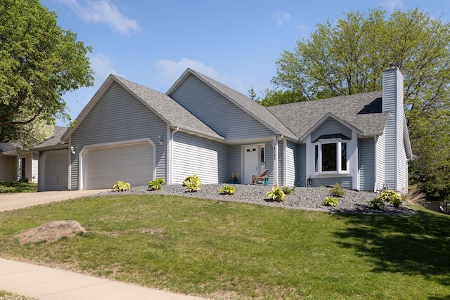 ranch-style house featuring an attached garage, a front lawn, concrete driveway, a chimney, and a shingled roof