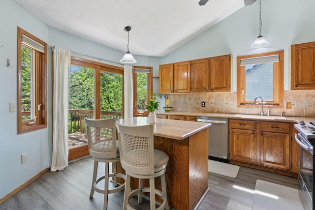 kitchen with dishwasher, a sink, range with electric stovetop, wood finished floors, and decorative backsplash