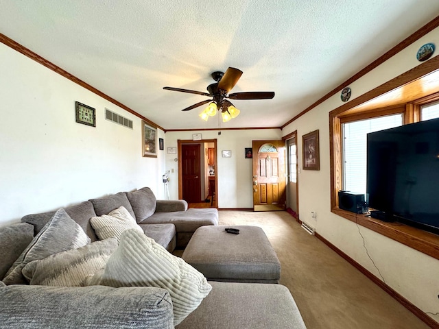 1112 10th St, Gaylord, MN 55334 - living room featuring light colored carpet, a ceiling fan, crown molding, baseboards, and a textured ceiling