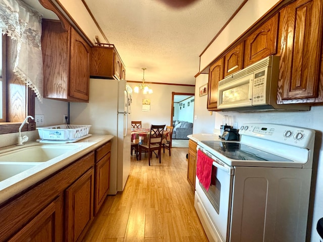 1112 10th St, Gaylord, MN 55334 - kitchen featuring white appliances, brown cabinets, a textured ceiling, light wood-type flooring, and light countertops