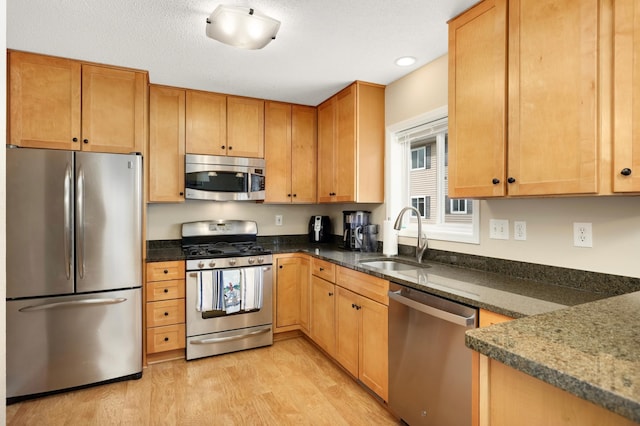 6477 Regency Ln, Eden Prairie, MN 55344 - kitchen featuring appliances with stainless steel finishes, a sink, light wood-style flooring, dark stone countertops, and recessed lighting