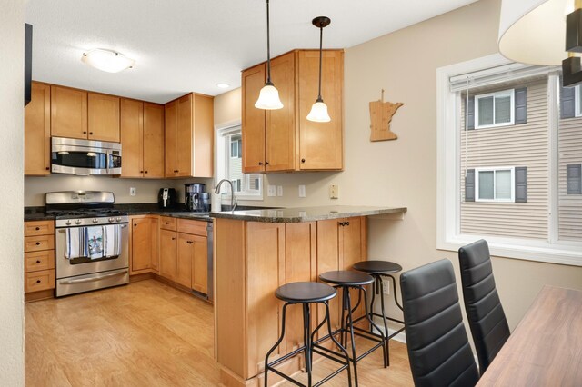 6477 Regency Ln, Eden Prairie, MN 55344 - kitchen with stainless steel appliances, a kitchen breakfast bar, a sink, hanging light fixtures, and light wood finished floors