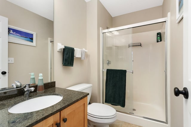 6477 Regency Ln, Eden Prairie, MN 55344 - full bathroom featuring a stall shower, toilet, vanity, and tile patterned floors