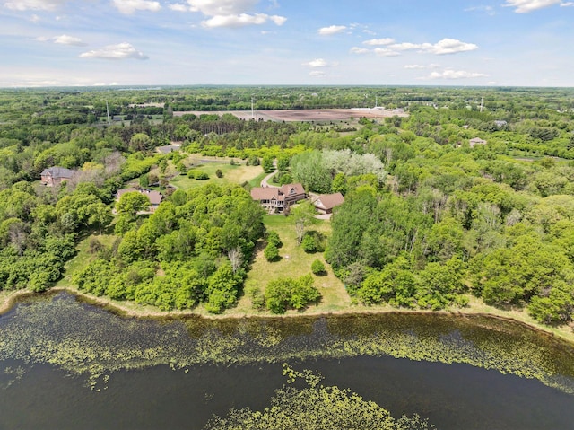 aerial view of a large body of water and a heavily wooded area