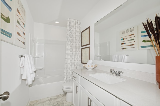 20027 62nd Pl, Corcoran, MN 55340 - bathroom with vanity, toilet, shower / bath combo with shower curtain, recessed lighting, and marble finish floors