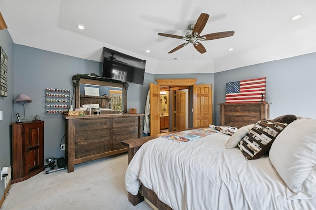 bedroom featuring light colored carpet, recessed lighting, and ceiling fan