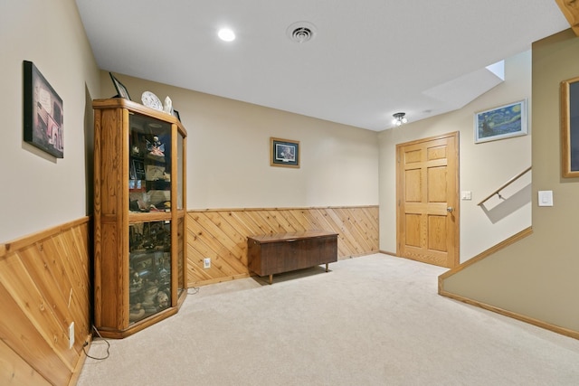 empty room featuring a wainscoted wall, wood walls, and carpet