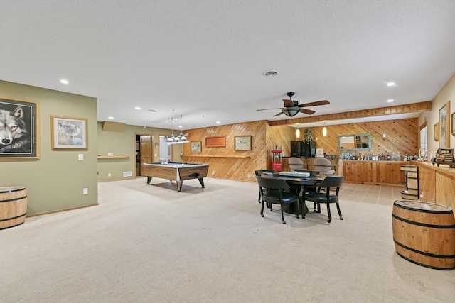 rec room featuring wooden walls, billiards table, light colored carpet, recessed lighting, and ceiling fan