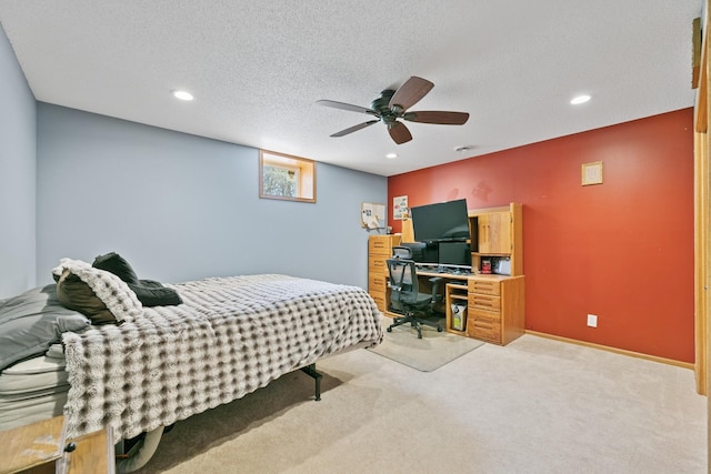 bedroom with light carpet, recessed lighting, a ceiling fan, an office area, and baseboards