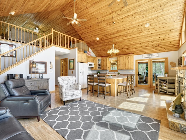 1351 Lone Pine Ln, Garfield Twp, WI 54001 - living room featuring stairs, a ceiling fan, high vaulted ceiling, wooden ceiling, and light wood-style floors