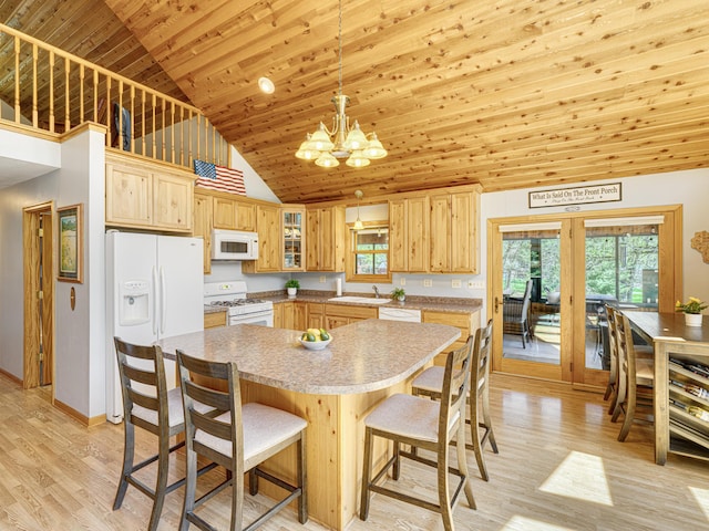 1351 Lone Pine Ln, Garfield Twp, WI 54001 - kitchen featuring white appliances, light wood-type flooring, a chandelier, wood ceiling, and light brown cabinetry