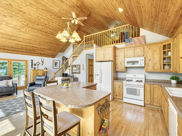 1351 Lone Pine Ln, Garfield Twp, WI 54001 - kitchen with white appliances, wooden ceiling, high vaulted ceiling, light wood finished floors, and a kitchen bar