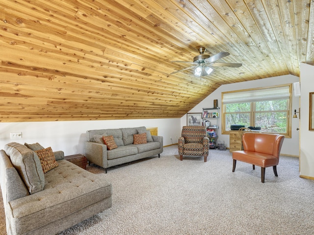 1351 Lone Pine Ln, Garfield Twp, WI 54001 - living area featuring carpet flooring, lofted ceiling, ceiling fan, baseboards, and wood ceiling