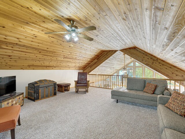 1351 Lone Pine Ln, Garfield Twp, WI 54001 - living area with ceiling fan, wood ceiling, vaulted ceiling, and carpet