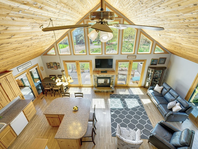 1351 Lone Pine Ln, Garfield Twp, WI 54001 - living room featuring french doors, high vaulted ceiling, plenty of natural light, wood finished floors, and wooden ceiling