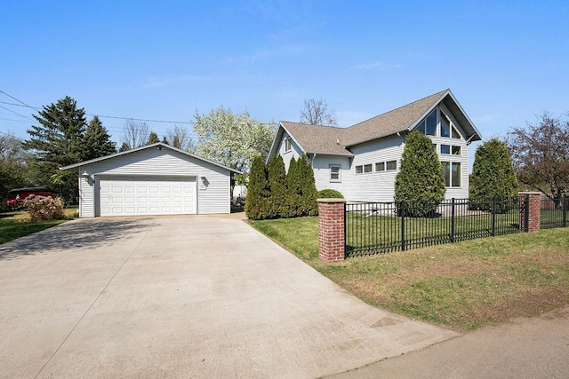 681 4th St NE, Little Falls, MN 56345 - view of property exterior with a lawn, an outbuilding, fence, a detached garage, and roof with shingles