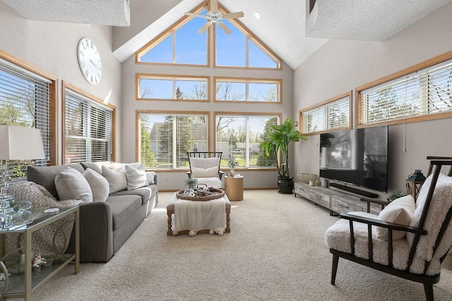 681 4th St NE, Little Falls, MN 56345 - carpeted living area featuring a ceiling fan, high vaulted ceiling, and a textured ceiling